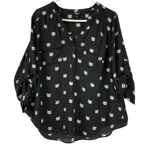 Torrid Harper Black Cat Print V Neck Roll Tab Sleeve Blouse Women's Size 0